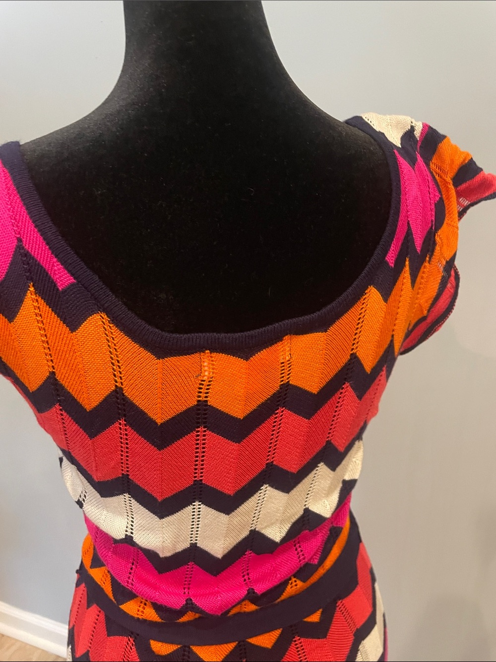 Chevron Knit Belted Midi sweater Dress in Pink, Orange & black - Picture 3 of 4